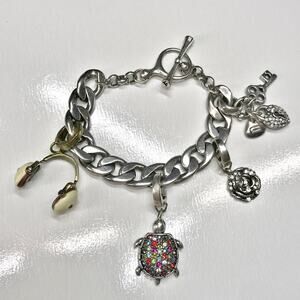 VTG Fossil Charm Bracelet Cuban Link Charm Heart Key Padlock Headphones Turtle